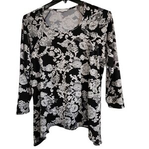 Annalee + Hope Womens Sz XL Tunic Top Blouse Black White Lace Print Long Sleeve